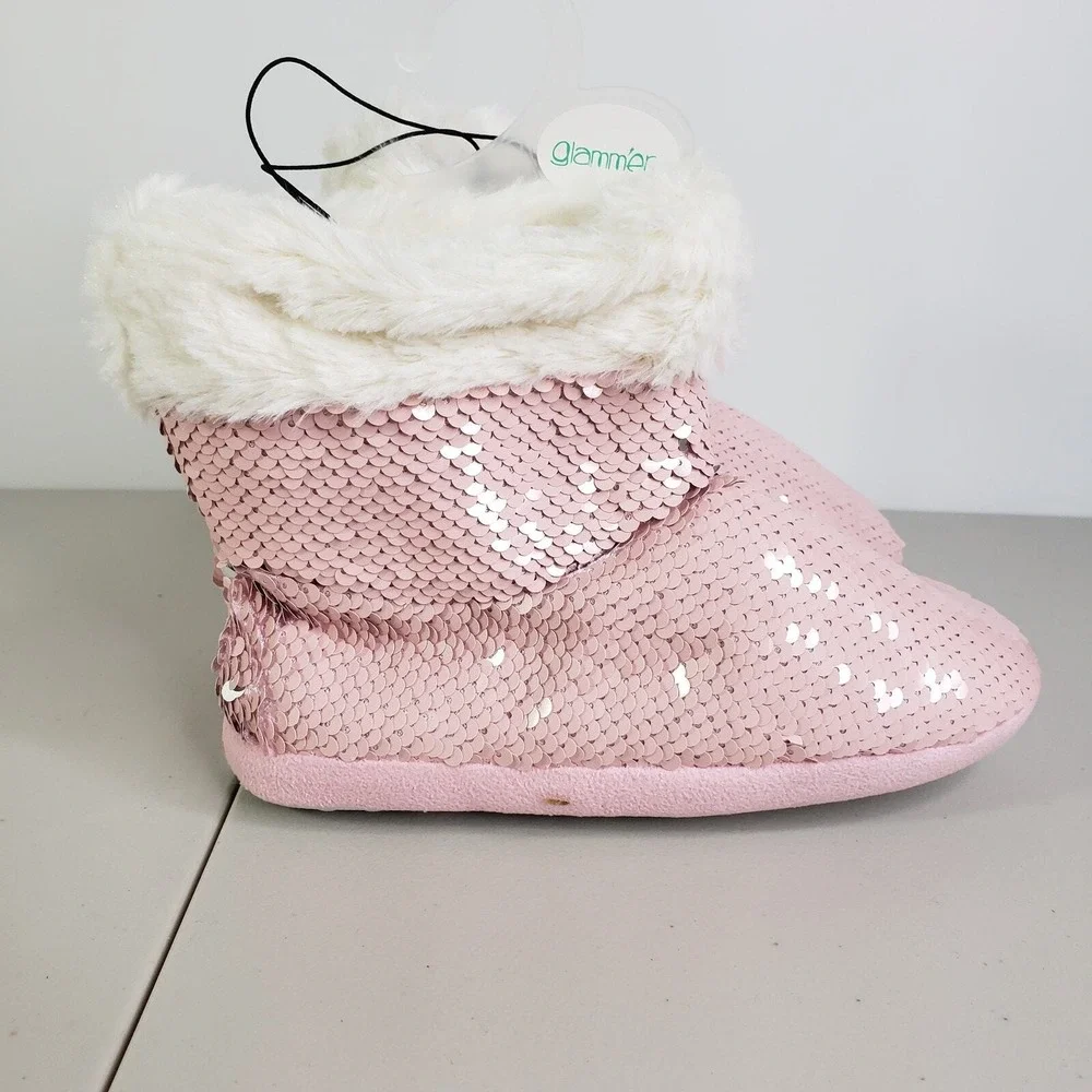 Glammer Kids Pink Reversible Sequin Boot Slippers‎ L 1/2 Cozy Plush